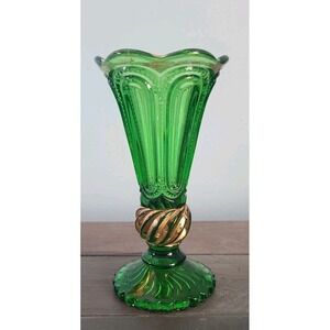 Antique Green Pressed Glass Vase 6"‎ Gold Detail Scroll